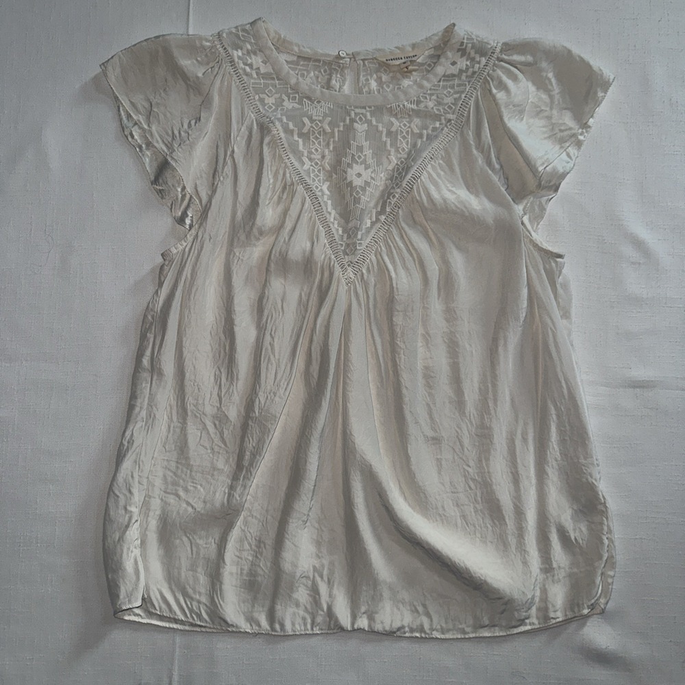 REBECCA TAYLOR Embroidered Chiffon Top Coquette Romantic Silk Ivory SZ 10 Aztec